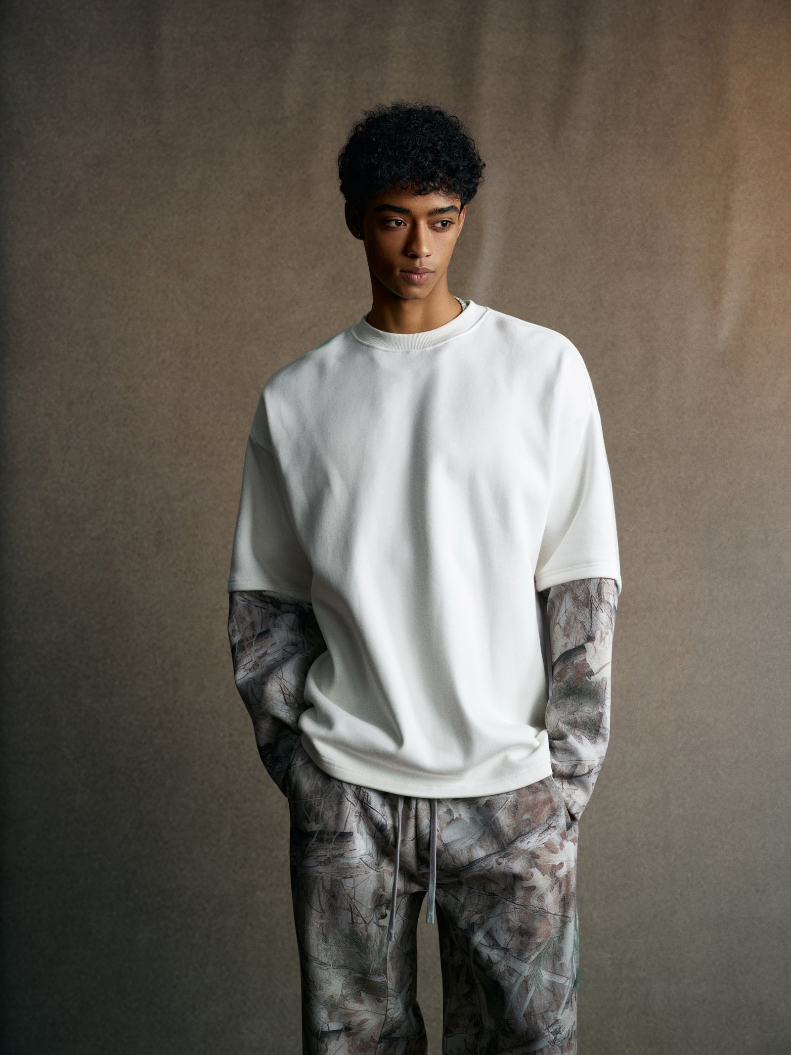 340GSM Men’s Heat Transfer Desert Camouflage Layered Look Long-Sleeve