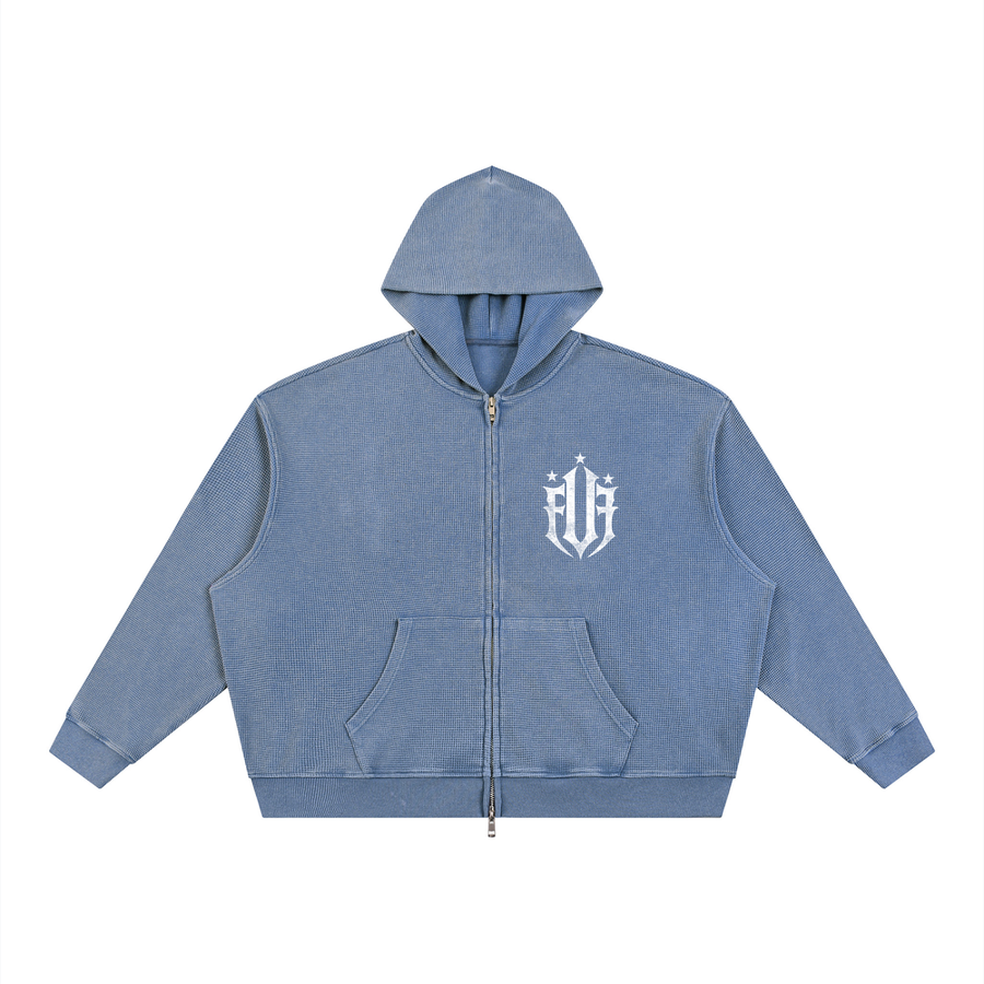 Unisex Vintage Wash Boxy Waffle Full Zip Hoodie