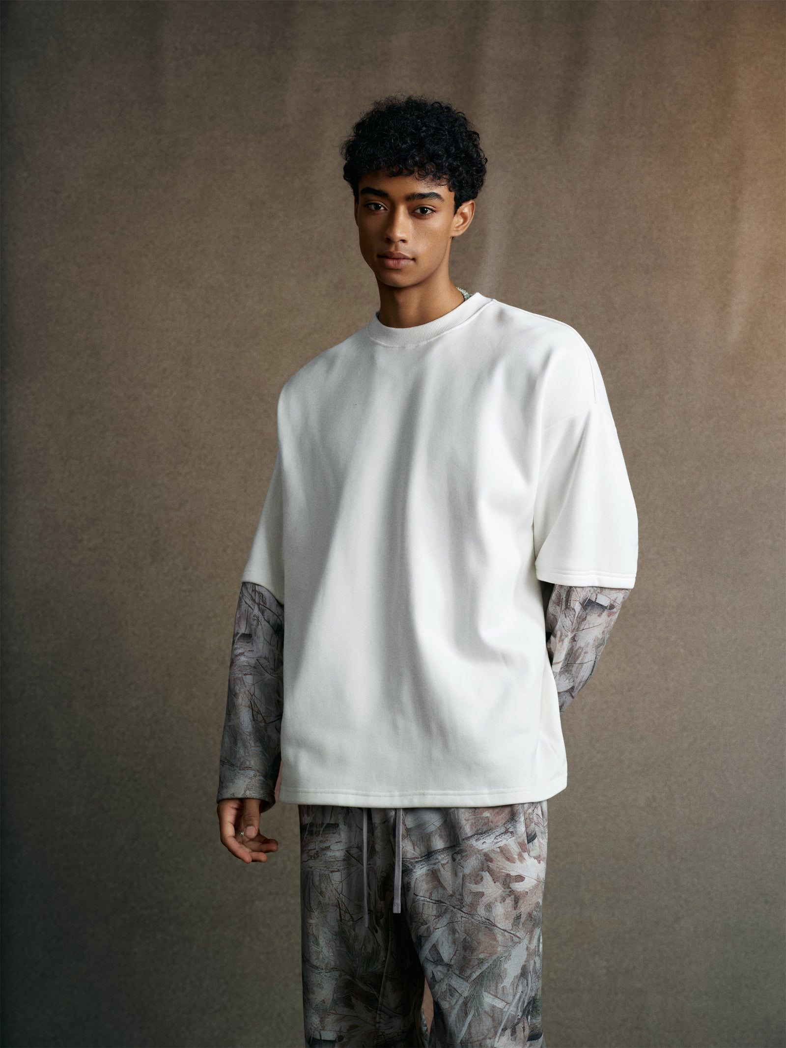 340GSM Men’s Heat Transfer Desert Camouflage Layered Look Long-Sleeve